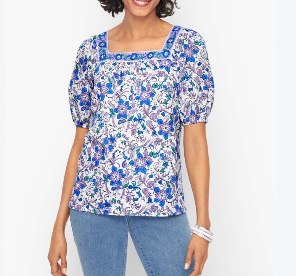 Talbots square neck songbird floral blouse M